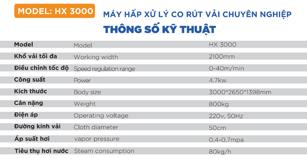 Thông số Máy hấp xử lý co rút vải chuyên nghiệp Haixima